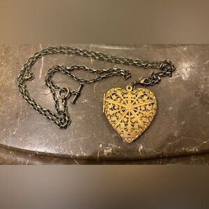Brass Heart Locket Style Pendant Antique Look Metal Paperclip Chain 18” Necklace